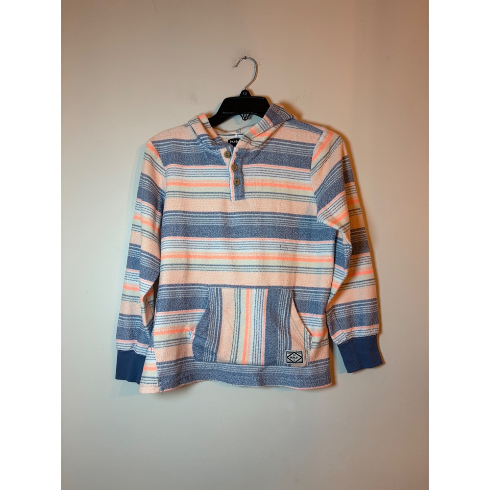 Hurley Baja Hoodie Kids Size 14/16 Blue Coral Striped Henley Pullover Sweatshirt